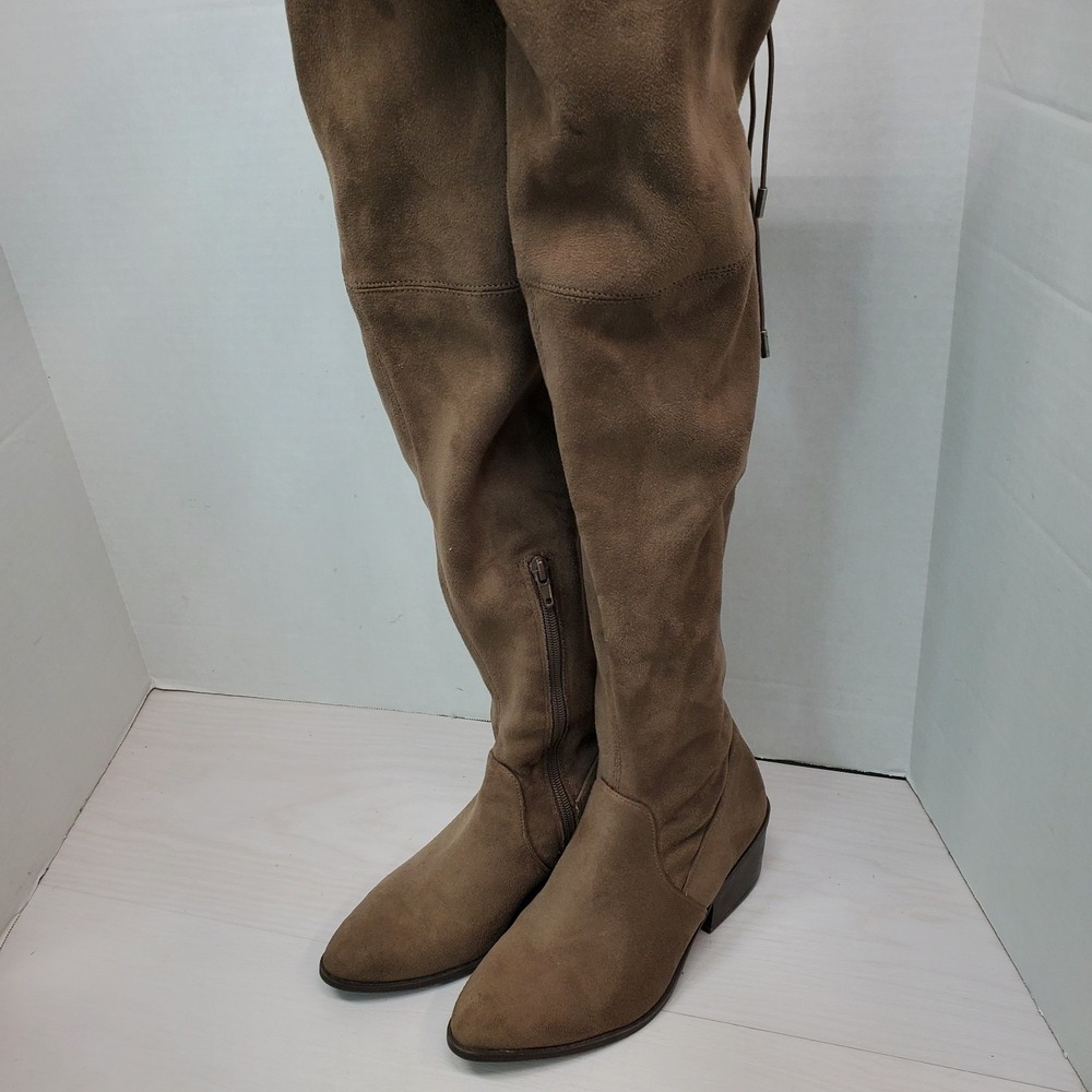 Taupe Faux Suede Over the Knee Boots Pointed Toe Block Heel Tie Back Brown Boho